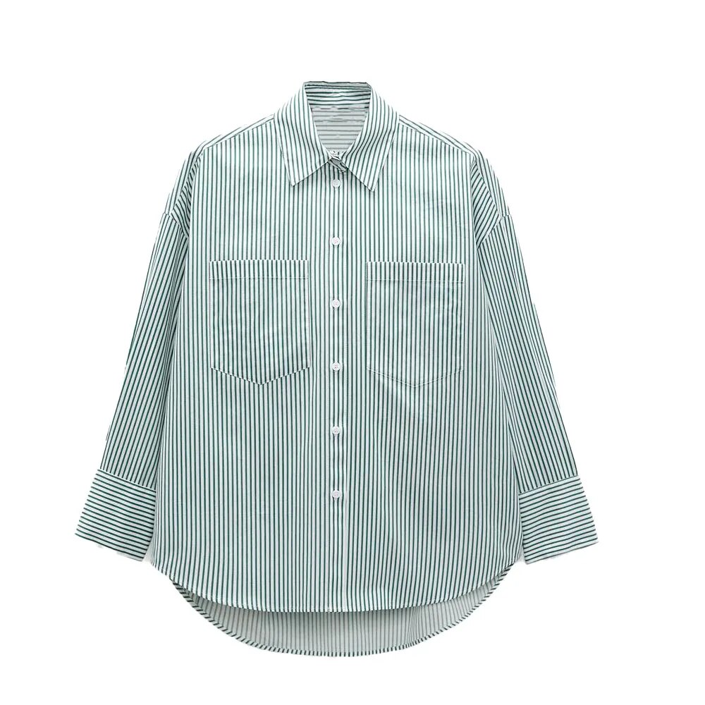 xakxx xakxx - New women's  long-sleeved lapel shirt with patch pocket stripe loose poplin shirt on the front