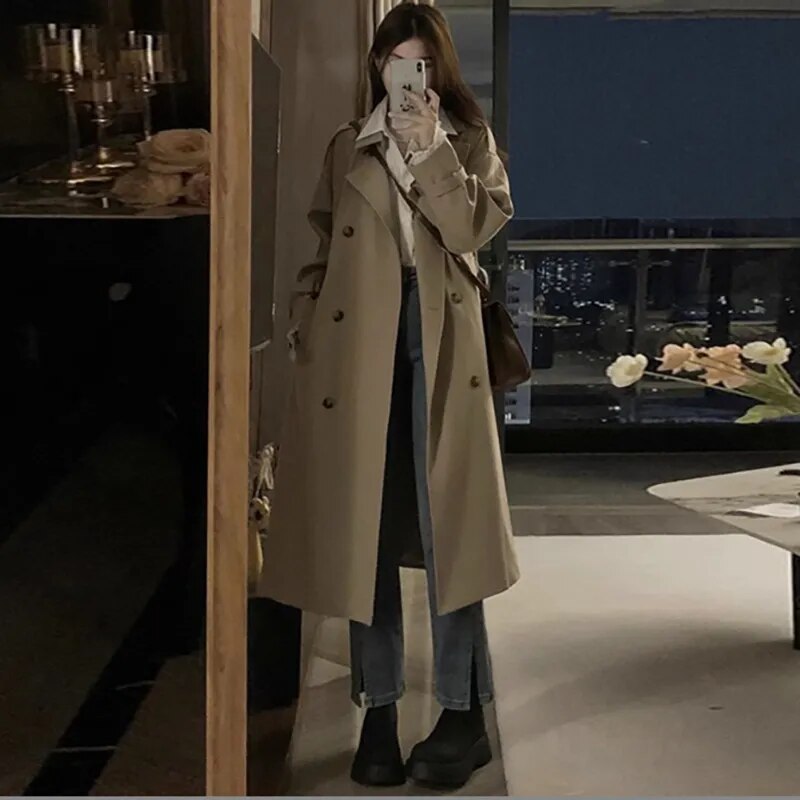 xakxx xakxx-Khaki Trench Coat Women Long Windbreaker  Autumn Fashion Chic British Style Double Breasted Trench Coat For Women Plus Size