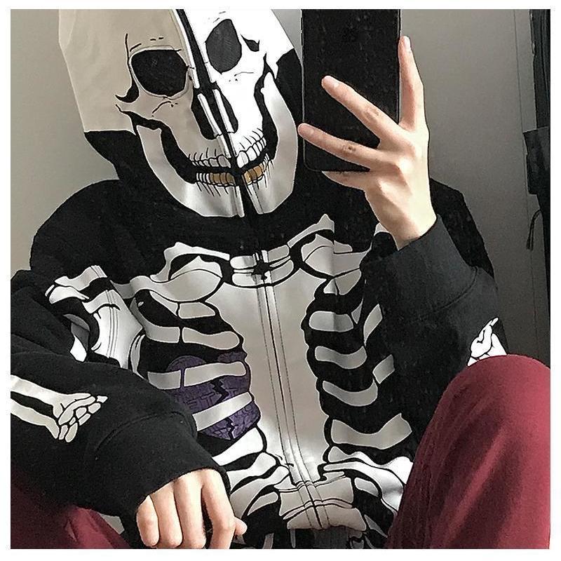 xakxx Y2K Gothic Zip Up Hoodies Women Punk Oversized Skull Skeleton Print Sweatshirts Black Hip Hop Loose Tops Jacket Grunge