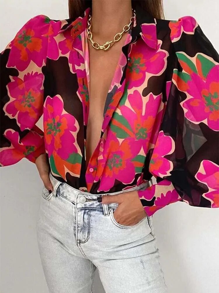 xakxx xakxx- Luxury Printed Blouse Female Long Sleeve Stand Collar Button Tops Women Summer Elegant Multicolour Thin Shirt