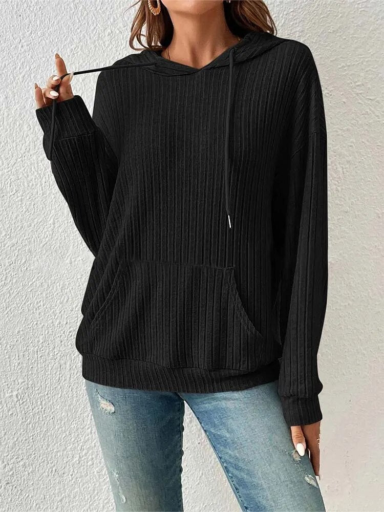 xakxx xakxx- Simple Hooded Sweatshirt Women's Solid Loose Autumn Winter Long Sleeve Young Girls Stripe Casual Top Clothing