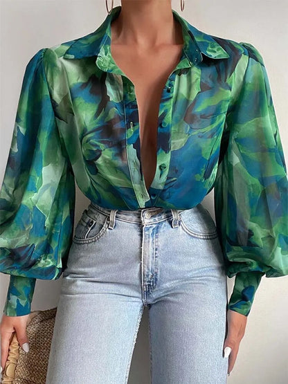 xakxx xakxx- Luxury Printed Blouse Female Long Sleeve Stand Collar Button Tops Women Summer Elegant Multicolour Thin Shirt