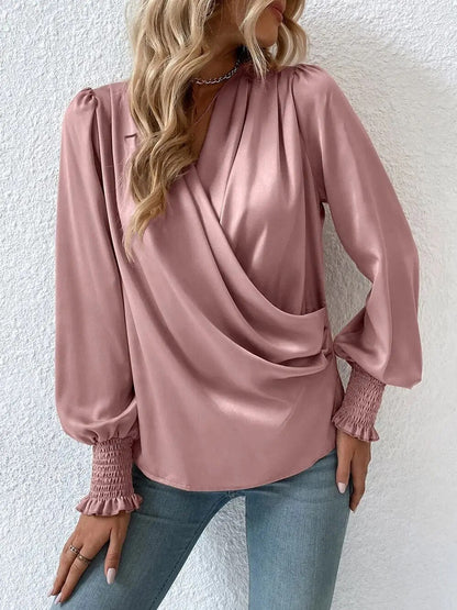 xakxx xakxx- 5 Colors Elegant Lantern Sleeve Blouse V-Neck Pleated Long Sleeves Women Formal Party Tops Spring Autumn Clothing