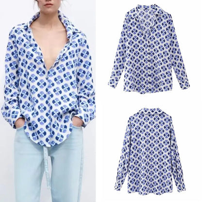 xakxx xakxx - New Women's Elegance Fashion Casual Slim Rayleigh Long Sleeve Lapel V Neckline Front Button Closure Linen Blend Printed Shirt