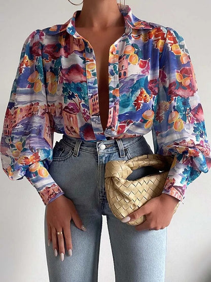 xakxx xakxx- Luxury Printed Blouse Female Long Sleeve Stand Collar Button Tops Women Summer Elegant Multicolour Thin Shirt