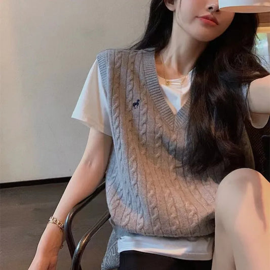 xakxx xakxx-High end fashion pony embroidered cashmere knitted vest pullover tank top for women's autumn and winter V-neck sweater camisole