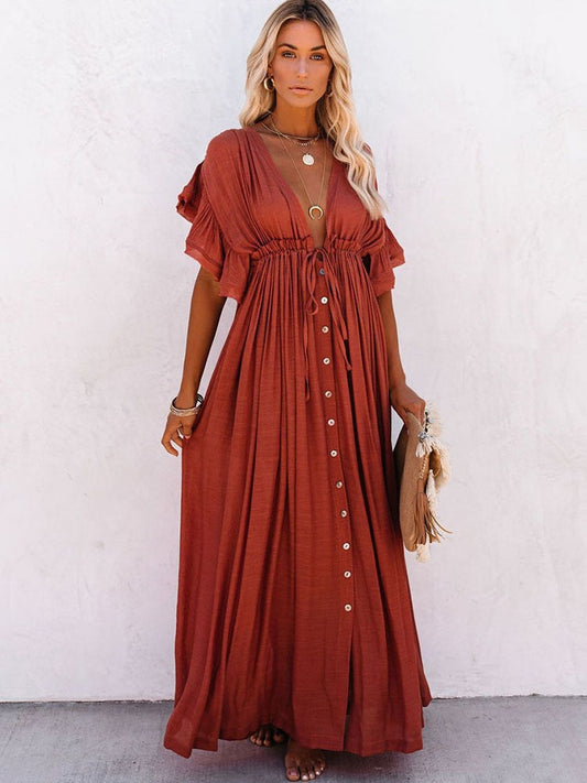 xakxx Women Long Dress Boho Summer Beach Bikini Cover Up Dresses Laides Maxi Casual V-Neck Sundress Vintage Sexy Robe Longue