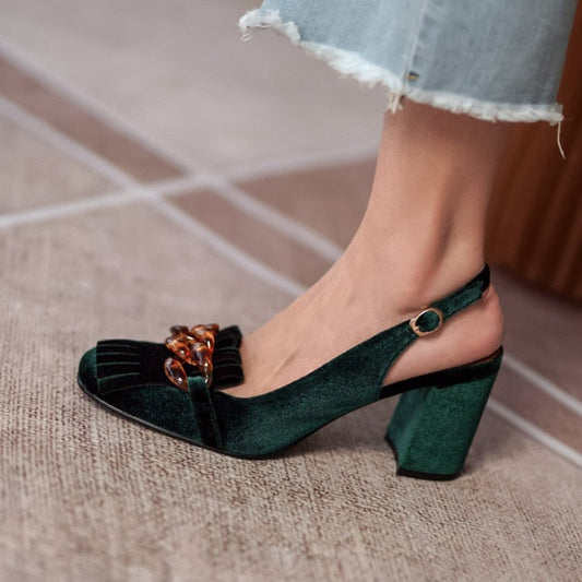 xakxx Summer Flock Chunky High Heel Sandals Women Retro Velvet Slingback Modern Sandals Crystal Chain Fringe Tassel Pumps Banquet Shoe