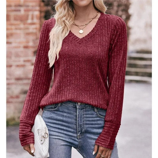 xakxx- Autumn Stripe Top Women's V-Neck Long Sleeve Solid Knitted T Shirt Lady Casual Loose Pullover Clothing