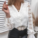 xakxx Autumn Sexy Lace Patchwork Hollow Out Shirt Fashion White Vintage Long Sleeve Tops Button Mesh Crochet Lace Blouse Women Blusas