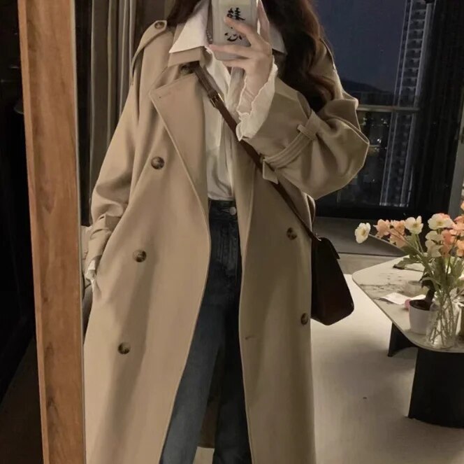 xakxx xakxx-Khaki Trench Coat Women Long Windbreaker  Autumn Fashion Chic British Style Double Breasted Trench Coat For Women Plus Size