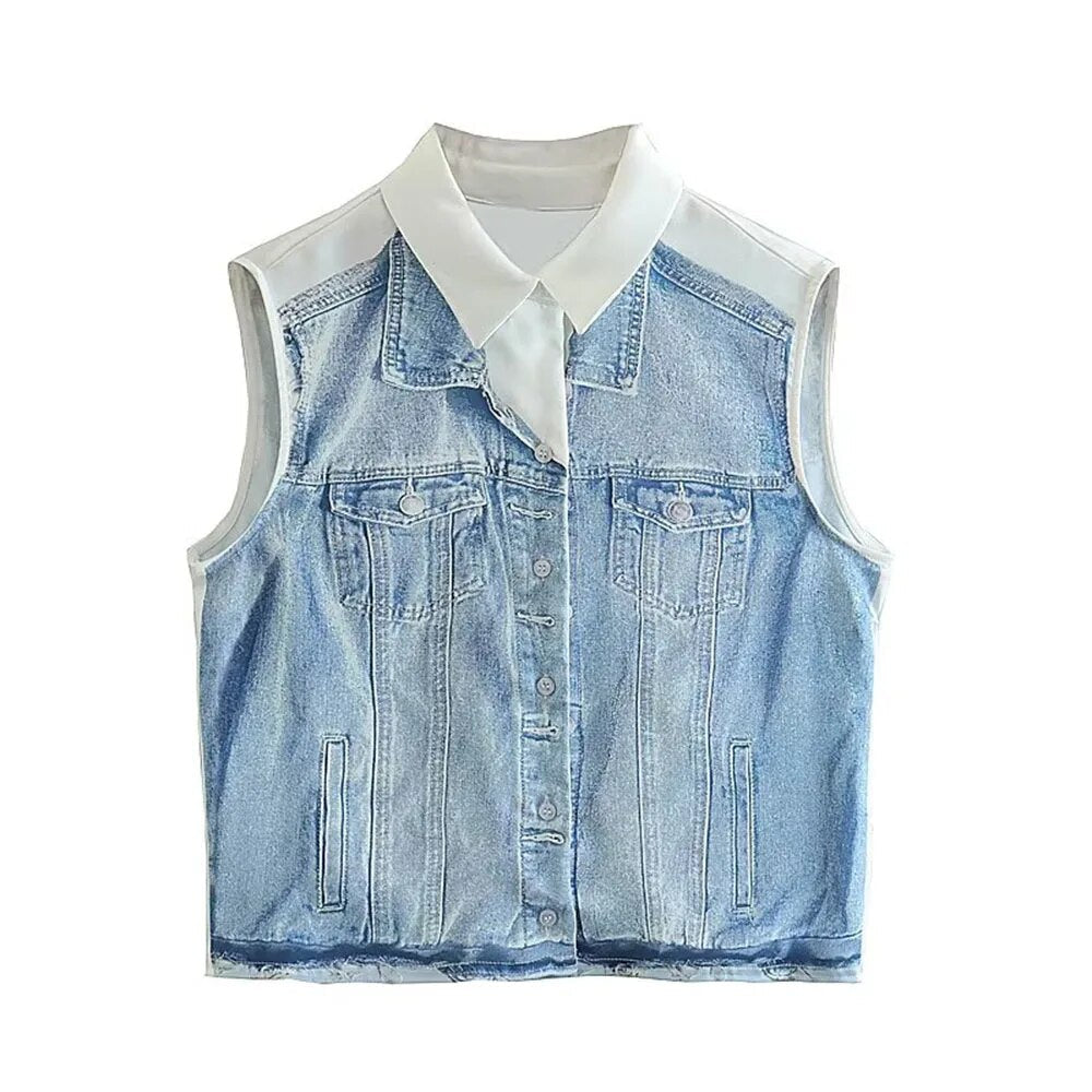 xakxx xakxx - New women's  denim sleeveless lapel shirt printed silk texture shirt casual shorts high waist suit