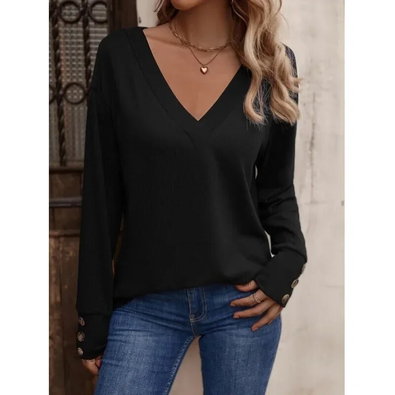 xakxx xakxx- 8 Colors Basic Pullover Women Casual V Neck Long Sleeve Tops Lady  Spring Autumn Thin Blouse Clothes