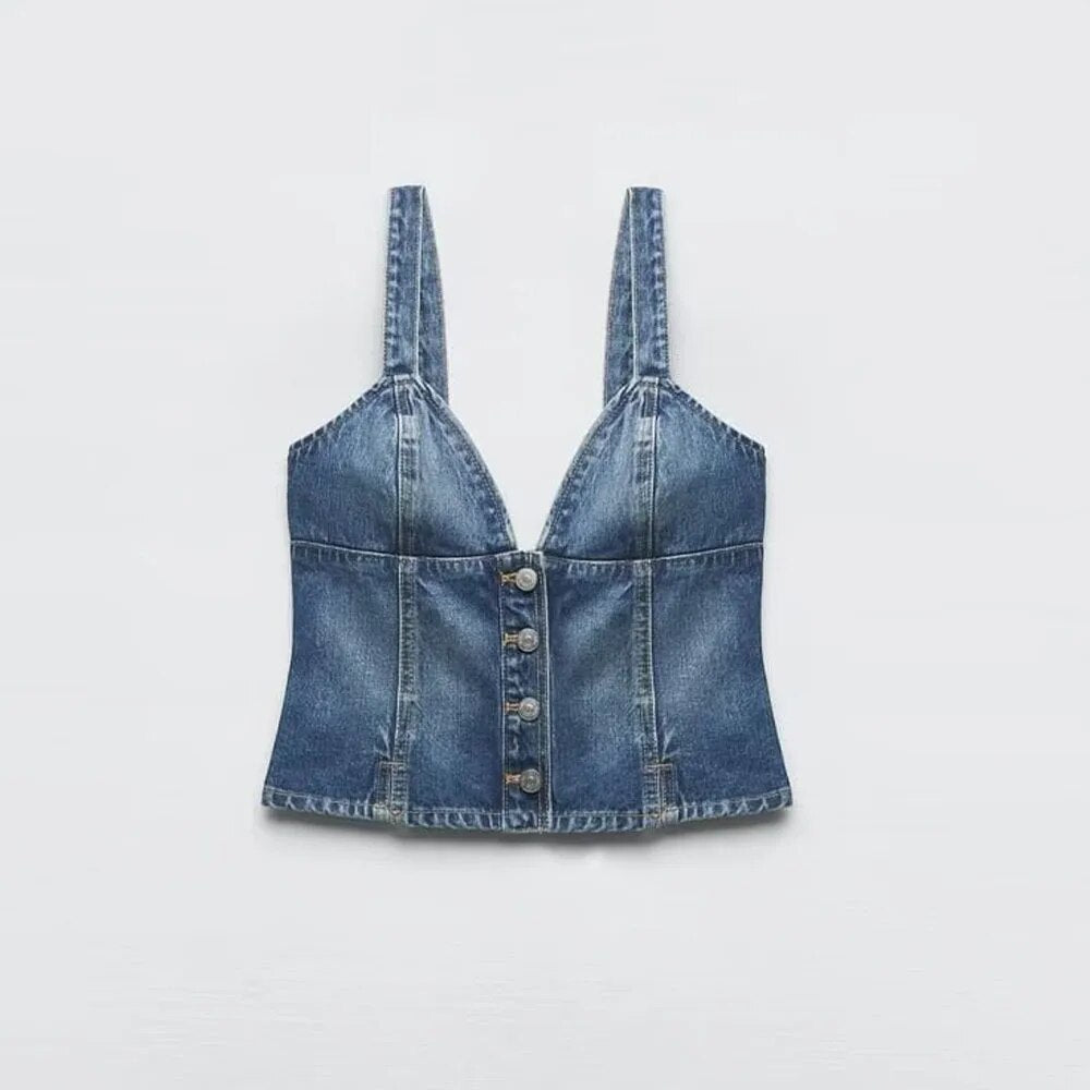 xakxx xakxx -  new casual hundred with Ruili thin halter tight sexy heart-shaped collar straps button decorated undershirt denim tops