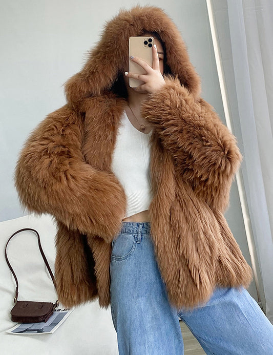 xakxx High Quality Luxury Faux Fur Coats Women Loose Hooded Fox Fur Jacket Fashion Warm Thick Coat Girl Winter Fluffy Furry Fur Jacket