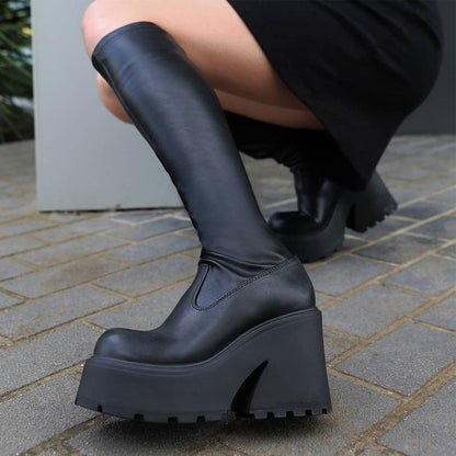 xakxx Halloween Goth Platform High Heels Zip Chunky Women's Boots Black Punk Thick Bottom Motorcycle Boots Cosplay Y2K Casual Shoes