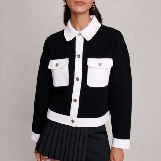 xakxx xakxx Autumn Female Clothing Vintage Black and White Colorblocked Knit Top Women's Cardigan