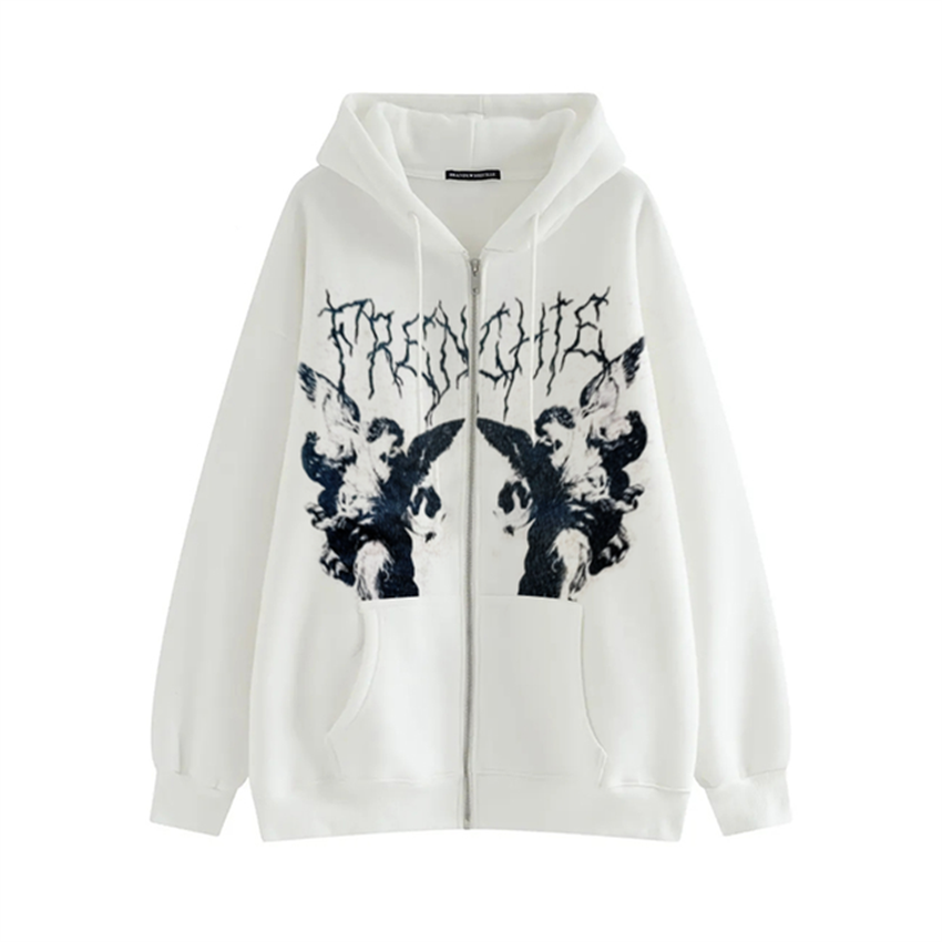 xakxx Women's Y2K Hoodie Zip-Up Sweatshirt Angel Printing Jacket Loose Long Sleeve Pockets Streetwear Hip Hop Fashion Men Women Coat