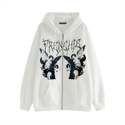 xakxx Women's Y2K Hoodie Zip-Up Sweatshirt Angel Printing Jacket Loose Long Sleeve Pockets Streetwear Hip Hop Fashion Men Women Coat