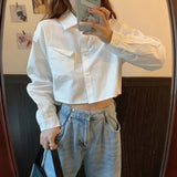 xakxx Thanksgiving All-Match White Shirts For Women Daily BF College Pockets Cropped Blouse Tops Girl Casual Solid Simple Women's Clothing