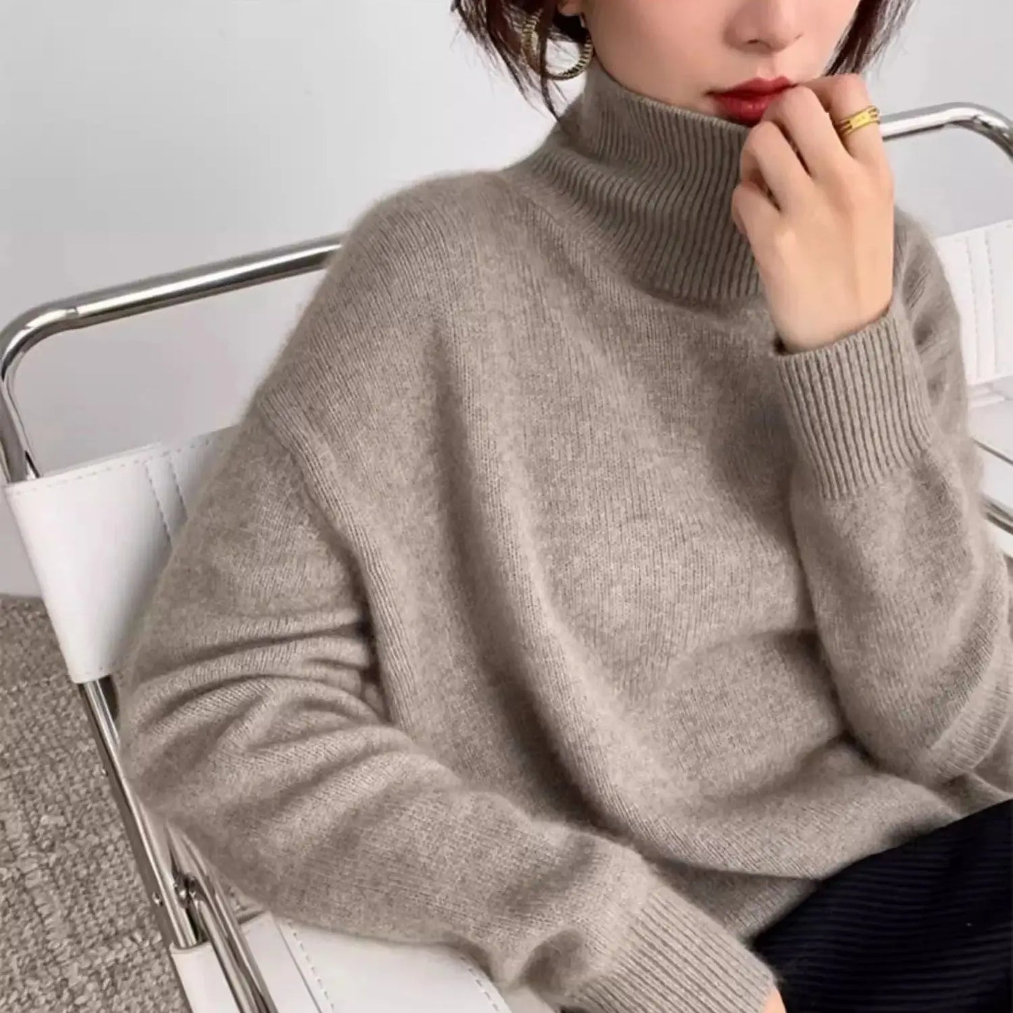 xakxx xakxx-Pure cashmere sweater women's high neck thick loose knit lazy sweater soft waxy pullover bottoming shirt