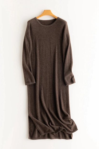 xakxx xakxx-New round neck knitted cashmere dress in autumn and winter with loose pullover and long split wool dress.