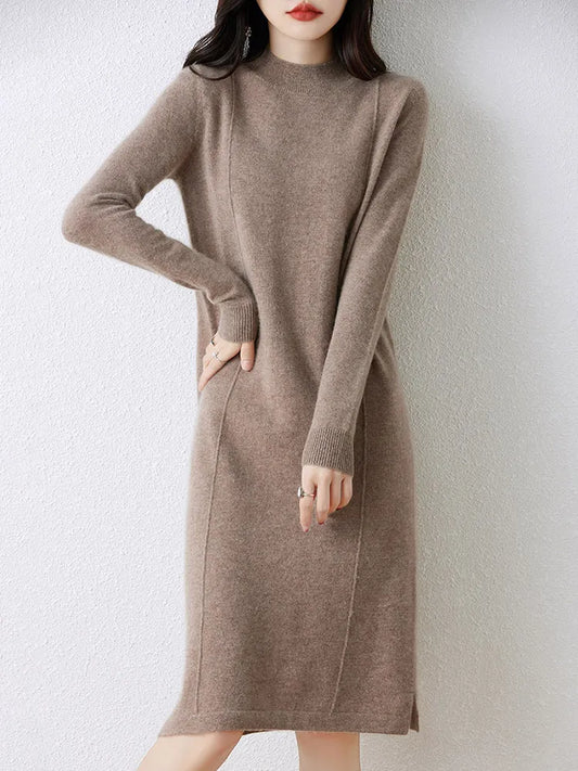 xakxx xakxx-Cashmere sweater women's 100 pure wool long semi-turtle neck skirt autumn and winter loose sweater dress