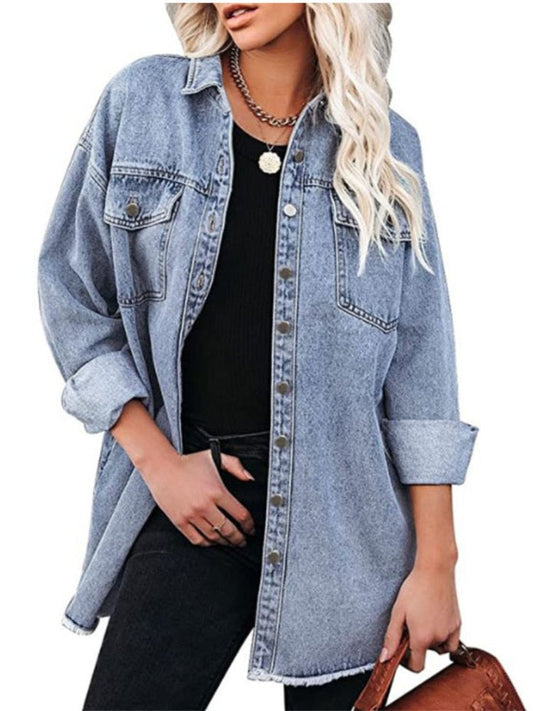 xakxx Jean Jacket for Women  Spring Autumn Lapel Solid Single-breasted Commuter Casual Denim Jackets Coats for Woman Clothing Tops