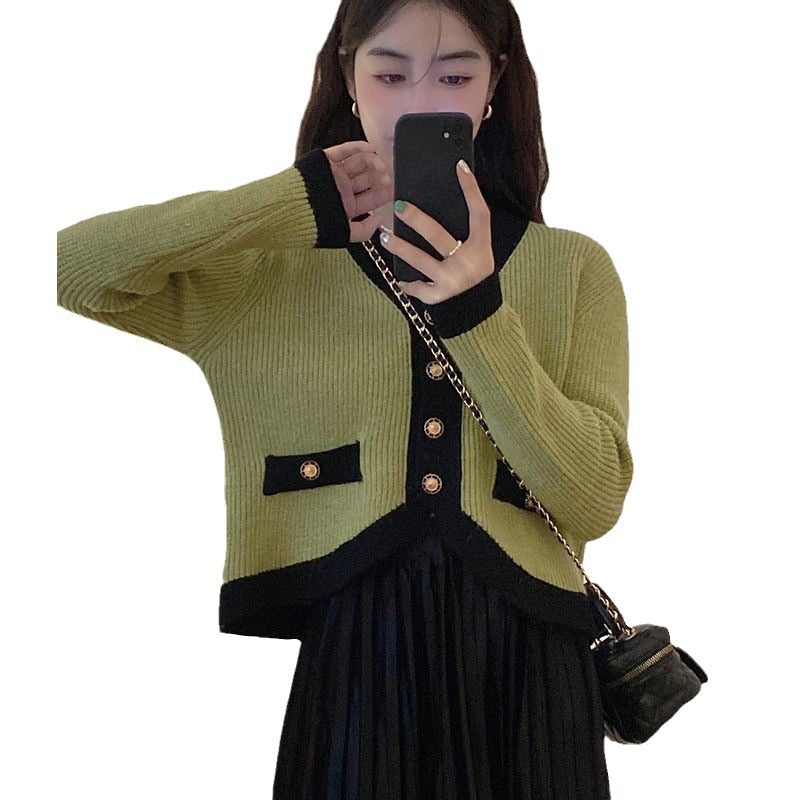 xakxx  Small Perfume Style Long-sleeved Knit Sweater Cardigan Women's New Fall /winter Thin Color Blocking V-neck Jacket Blouse