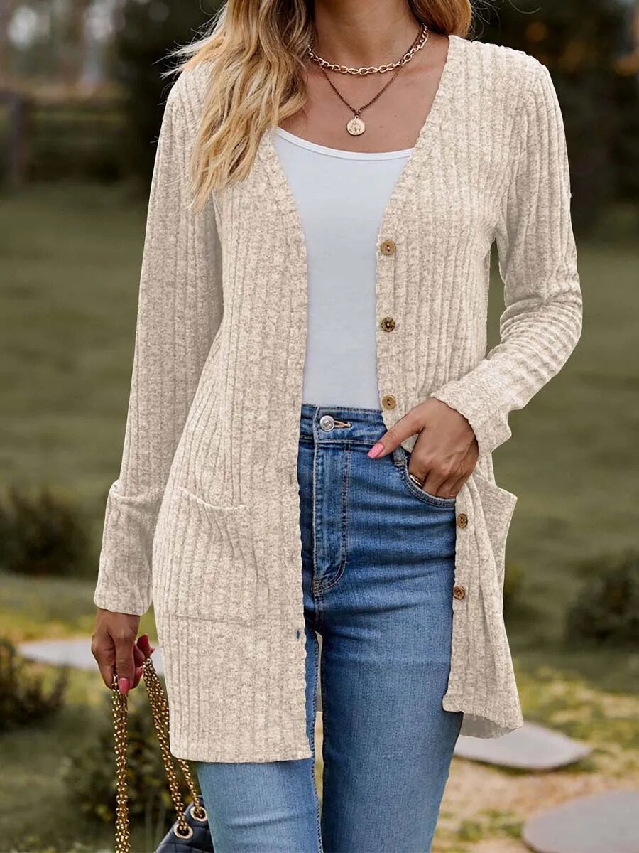 xakxx xakxx- Solid Colors Cardigan Coat Women Casual Button Long Sleeve Pocket Jack Lady Spring Autumn Simple Tops