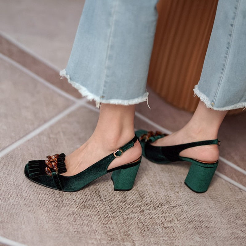 xakxx Summer Flock Chunky High Heel Sandals Women Retro Velvet Slingback Modern Sandals Crystal Chain Fringe Tassel Pumps Banquet Shoe