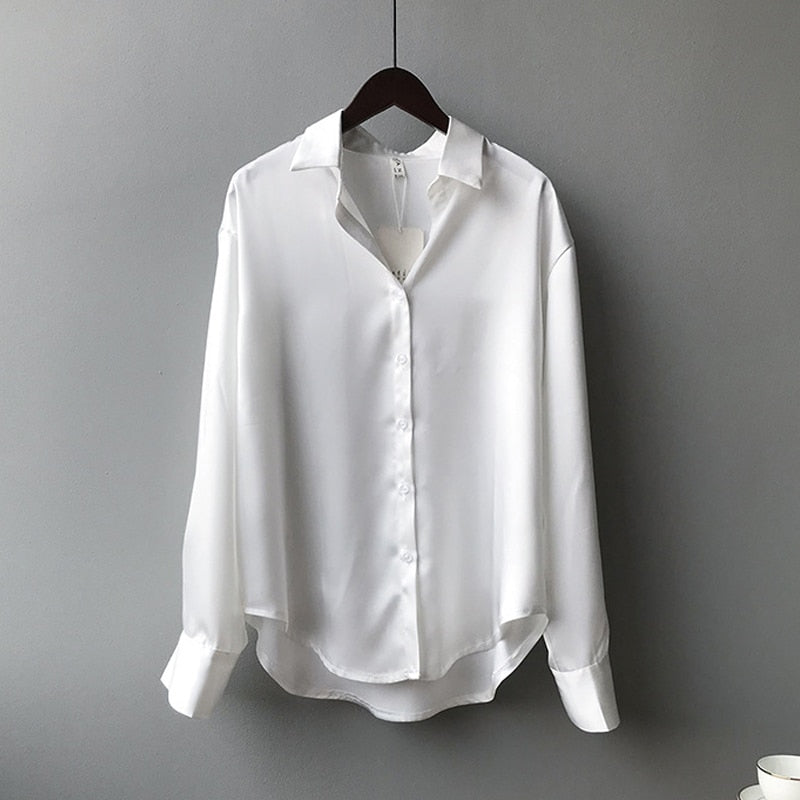 xakxx Thanksgiving Autumn Fashion Button Up Satin Silk Shirt Vintage Blouse Women White Lady Long Sleeves Female Loose Street Shirts 11355