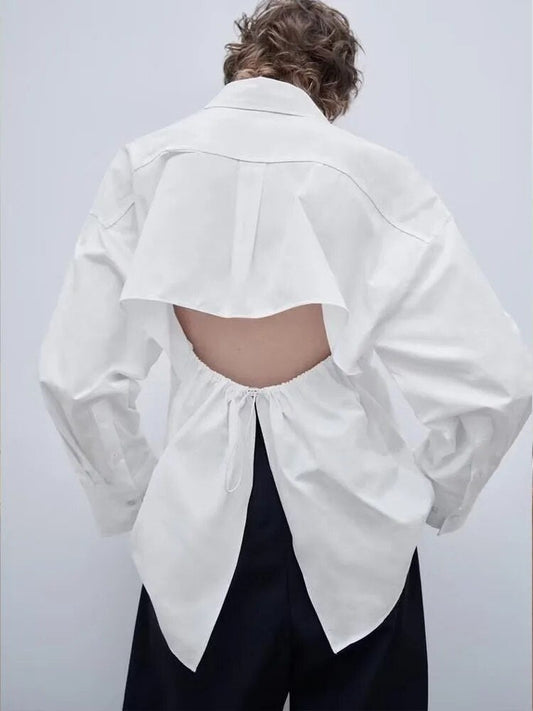 xakxx xakxx - New Women's  temperament fashion casual casual sexy white backless design lapel long-sleeved poplin shirt