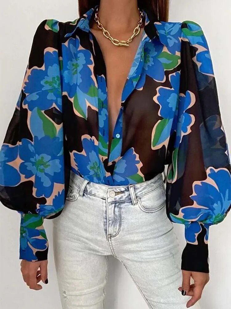 xakxx xakxx- Luxury Printed Blouse Female Long Sleeve Stand Collar Button Tops Women Summer Elegant Multicolour Thin Shirt