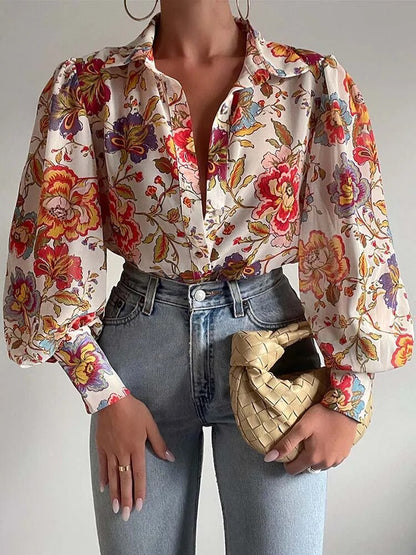 xakxx xakxx- Luxury Printed Blouse Female Long Sleeve Stand Collar Button Tops Women Summer Elegant Multicolour Thin Shirt