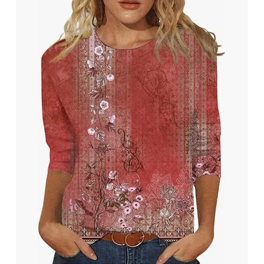 xakxx- Women Ethnic Floral Printed T Shirt Female O Neck Seven-Point Sleeve Blouse Lady Spring Summer Casual Commuter Tops