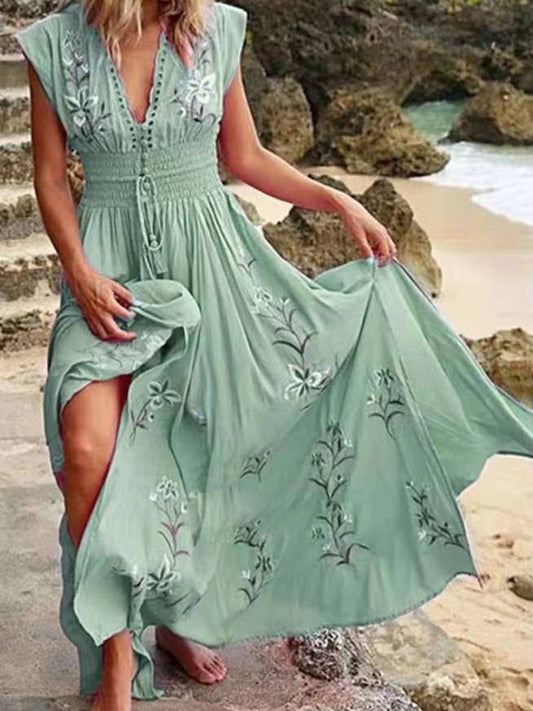 xakxx Summer Maxi Dress Women Elegant Vintage Sleeveless V Neck Floral Print Large Hem Long Polyester Dress For Party Dating Daily