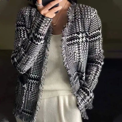 xakxx xakxx-Houndstooth plaid fringed cashmere sweater knitted small fragrant wool cardigan women's loose plaid coat