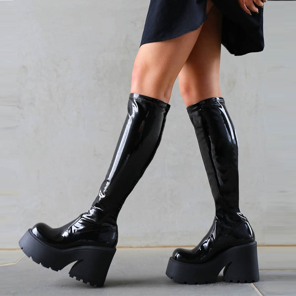 xakxx Halloween Goth Platform High Heels Zip Chunky Women's Boots Black Punk Thick Bottom Motorcycle Boots Cosplay Y2K Casual Shoes