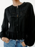 xakxx xakxx -  spring and summer new women's wear slim Slim black retro round neck long-sleeved hollow embroidered shirt