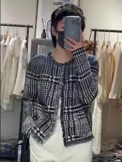 xakxx xakxx-Houndstooth plaid fringed cashmere sweater knitted small fragrant wool cardigan women's loose plaid coat