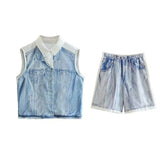 xakxx xakxx - New women's  denim sleeveless lapel shirt printed silk texture shirt casual shorts high waist suit