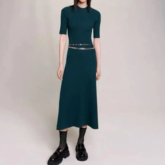 xakxx xakxx Women's Dress Autumn and Winter Female Clothing Elegant Backless Green Neck Knit Dress