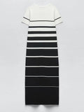 xakxx xakxx- New Femininity Casual Vibrant Sexy Knit High Stretch One Size Short Sleeve Round Neck Striped Midi Dress