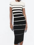 xakxx xakxx- New Femininity Casual Vibrant Sexy Knit High Stretch One Size Short Sleeve Round Neck Striped Midi Dress