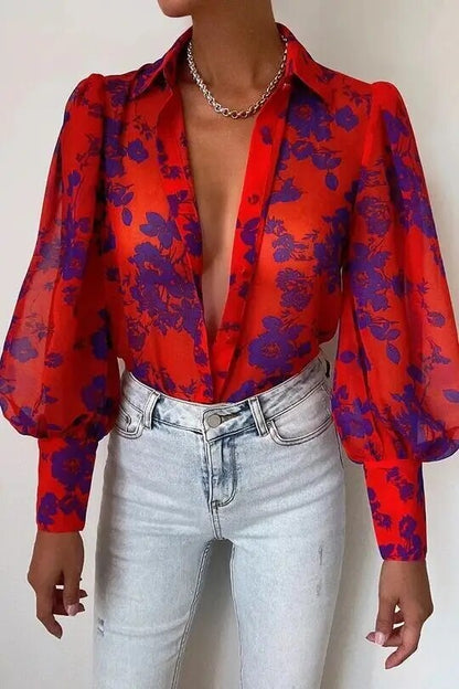 xakxx xakxx- Luxury Printed Blouse Female Long Sleeve Stand Collar Button Tops Women Summer Elegant Multicolour Thin Shirt