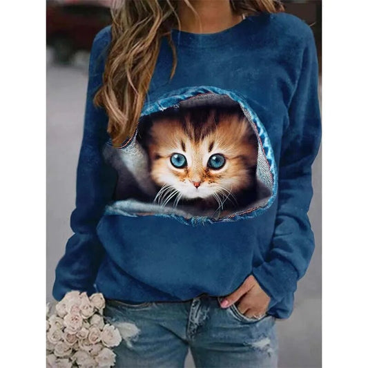 xakxx- Cartoon Cat T-Shirt Women Long Sleeve Round Neck Top Y2K Clothing Spring Autumn Casual Graphics Large Size Tee