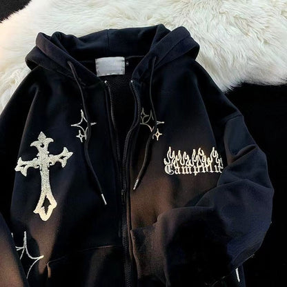 xakxx Y2k Women Vintage Gothic Streetwear Embroidery Harajuku Hoodies Hip Hop Jacket Zip Up Hoodie Grunge Sweatshirt Tops Alt Clothes