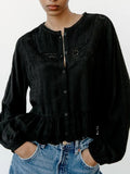 xakxx xakxx -  spring and summer new women's wear slim Slim black retro round neck long-sleeved hollow embroidered shirt