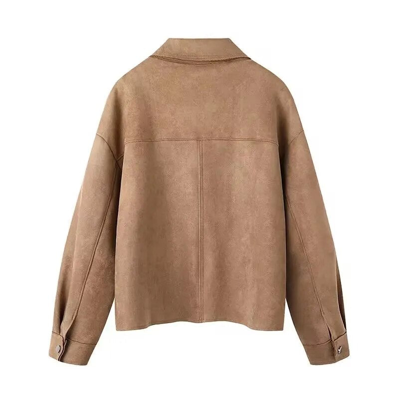 xakxx- Autumn New Women's  Double Color Pocket with Ribbed Suede Effect Short Shirt Coat